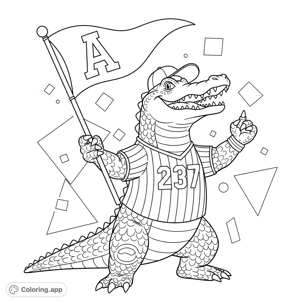 Unleash your creativity with this spirited alligator mascot coloring page, featuring a dynamic alligator in a striped jersey with a flag and a big grin!