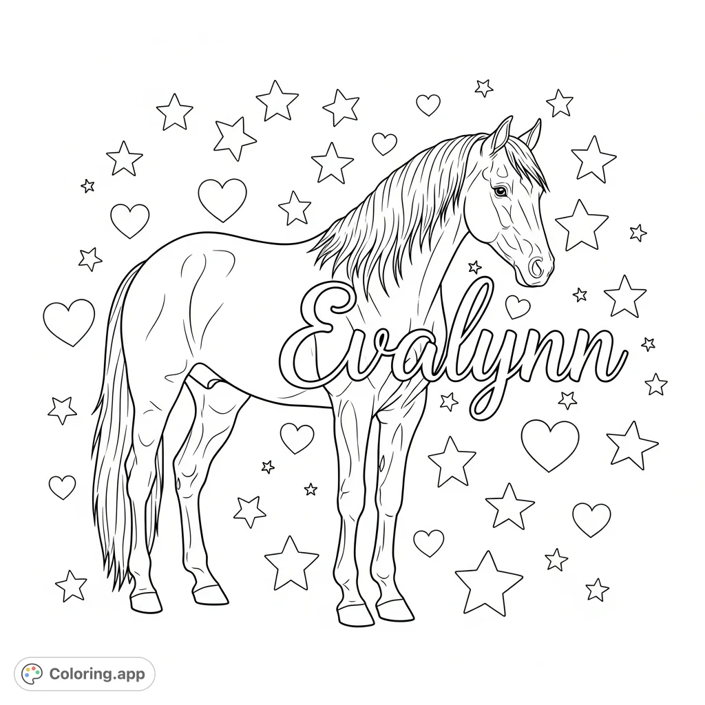 A beautiful horse stands amidst a whimsical background of stars and hearts, personalized with the name "Evalynn" in elegant script. Perfect for horse lovers!