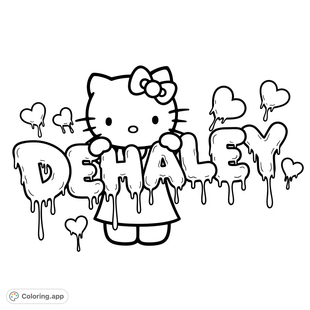 A charming Hello Kitty coloring page featuring a custom graffiti-style name 'Dehaley' with dripping letters and hearts. Perfect for personalized fun!