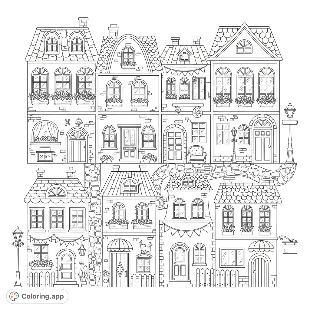 Explore a whimsical cozy town with dollhouse-like compartments, charming house designs, and intricate decorations. A delightful free printable coloring page.