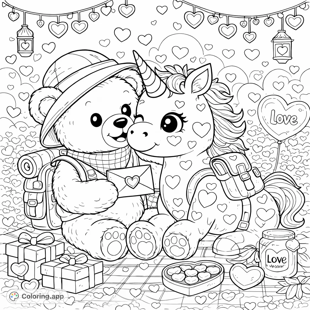 An adorable teddy bear and unicorn enjoy a sweet picnic amidst a shower of hearts and gifts, celebrating friendship and affection. A delightful scene for all ages.