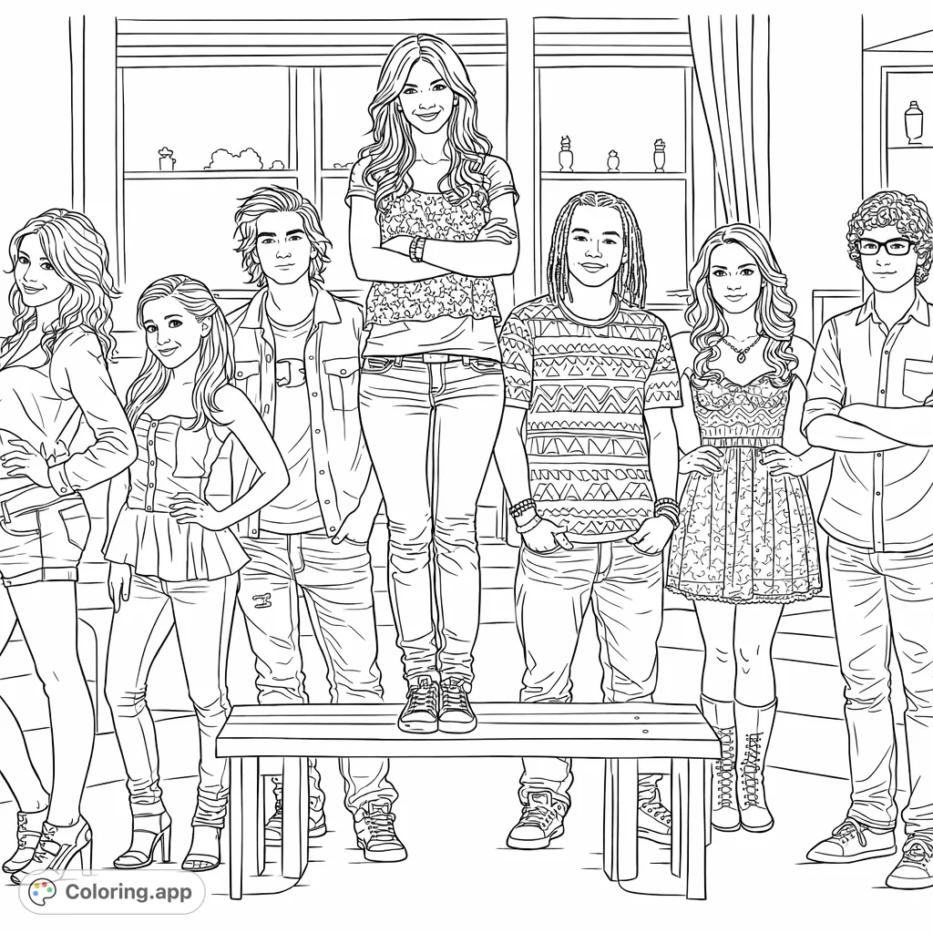 Seven friends strike dynamic poses in a lively indoor setting. This free printable coloring page captures a group's camaraderie, perfect for fans to personalize.