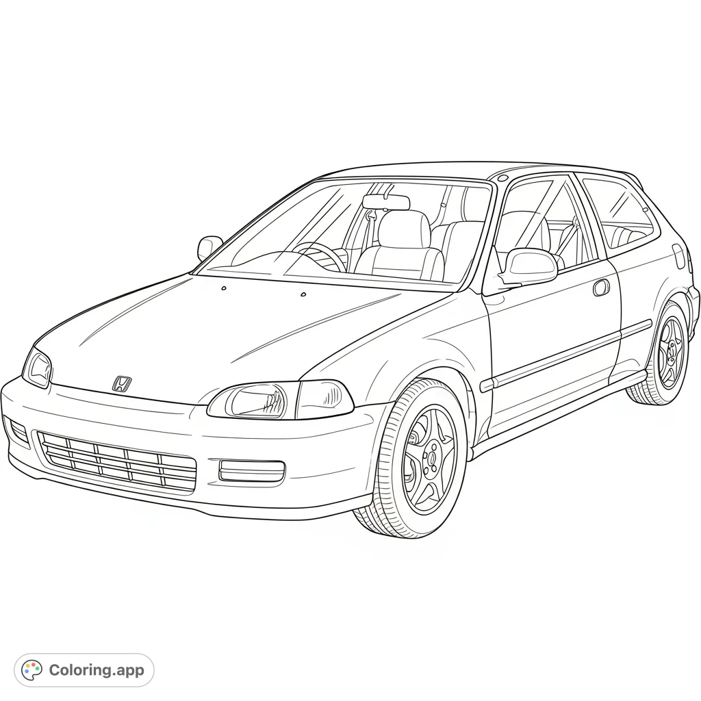 Color a classic 1993 Honda Civic, perfect for car enthusiasts. Features iconic body lines and detailed wheels.