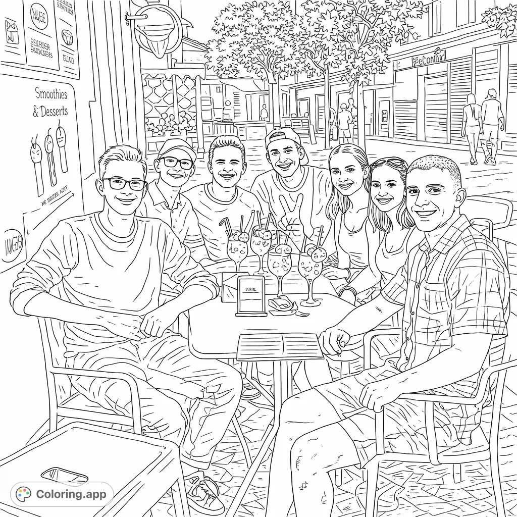 Capture the joy of a night out with friends at an outdoor cafe. This free printable gathering coloring page features six smiling individuals enjoying beverages at a table.