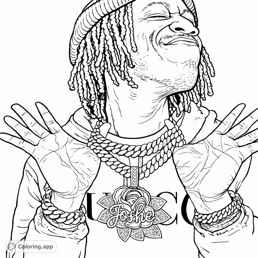 A detailed coloring page featuring a person adorned with elaborate chains, a large rose-shaped pendant, and multiple bracelets, displaying an expressive smile.