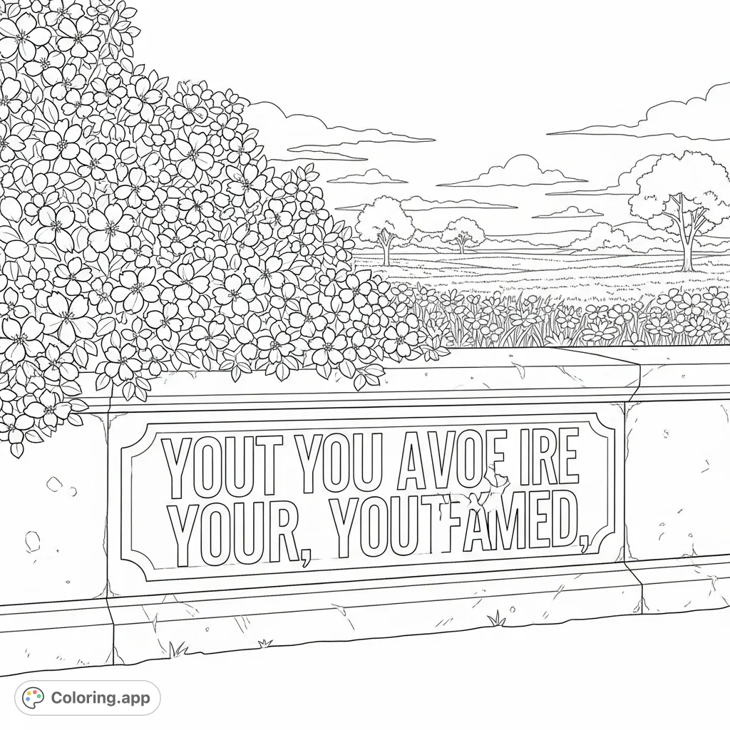 A powerful motivational quote carved into a decorative stone wall, overflowing with blooms, overlooking a serene meadow and scattered trees. An inspiring landscape.