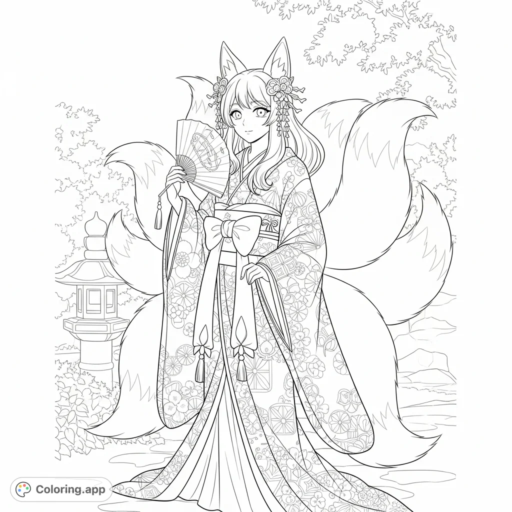 Immerse yourself in the captivating world of this anime kitsune girl coloring page. Features a mystical fox spirit in a beautiful traditional kimono.