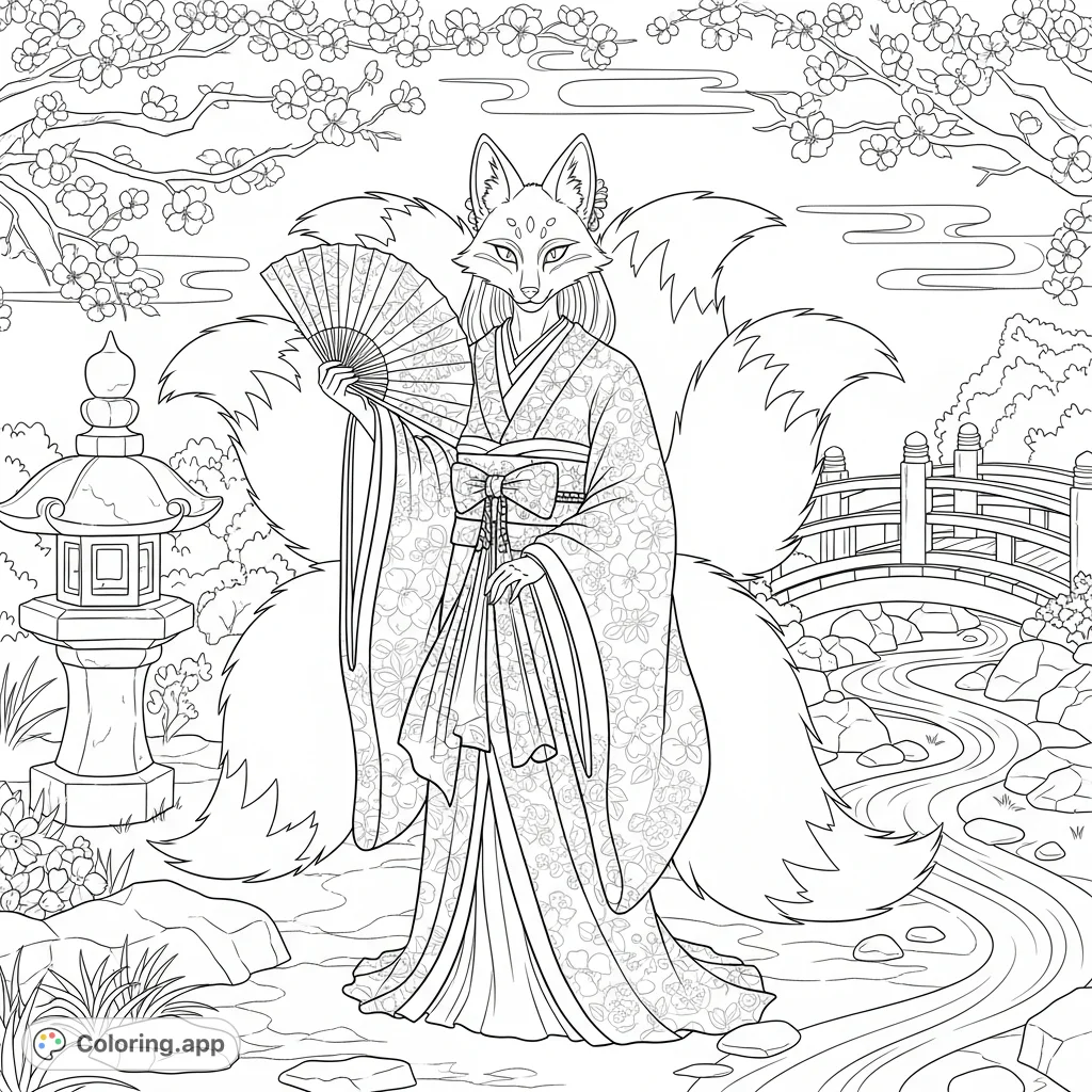 An enchanting kitsune fox girl with multiple tails, adorned in traditional attire, poses gracefully amidst a serene cherry blossom garden.