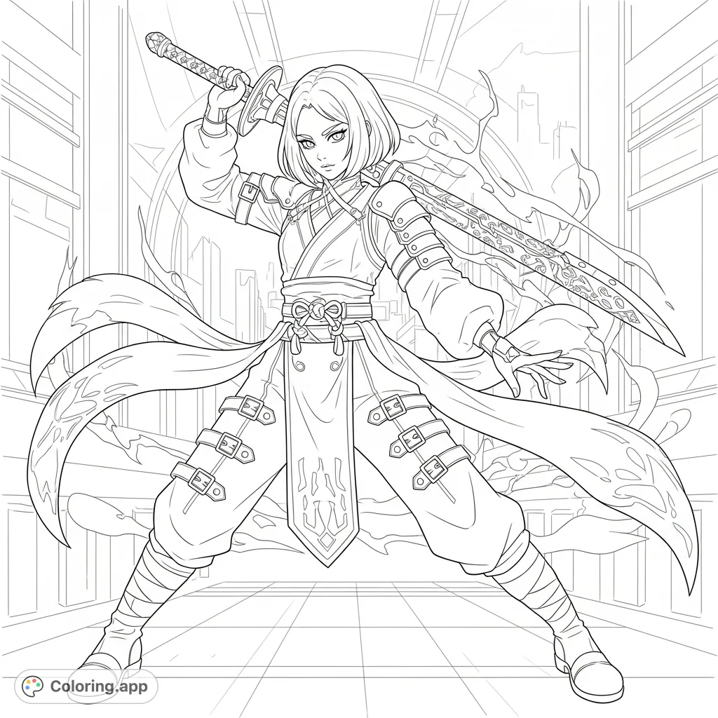 Unleash your creativity with this KPOP DEMON Hunters Rumi coloring page, featuring Rumi in a dynamic pose with her unique weapon and stylish gear.