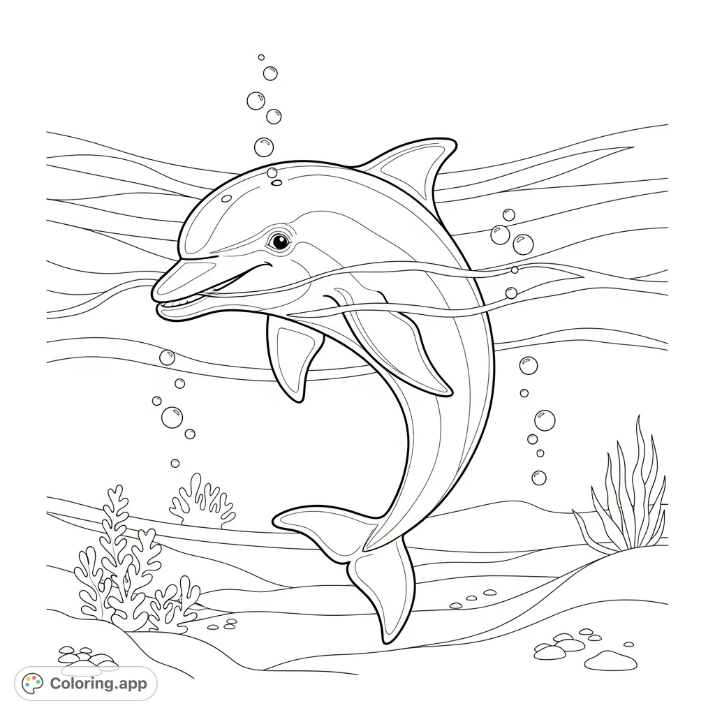 Dive into fun with this adorable dolphin coloring page! Featuring a cheerful dolphin amidst ocean bubbles and gentle waves, perfect for creative young minds.
