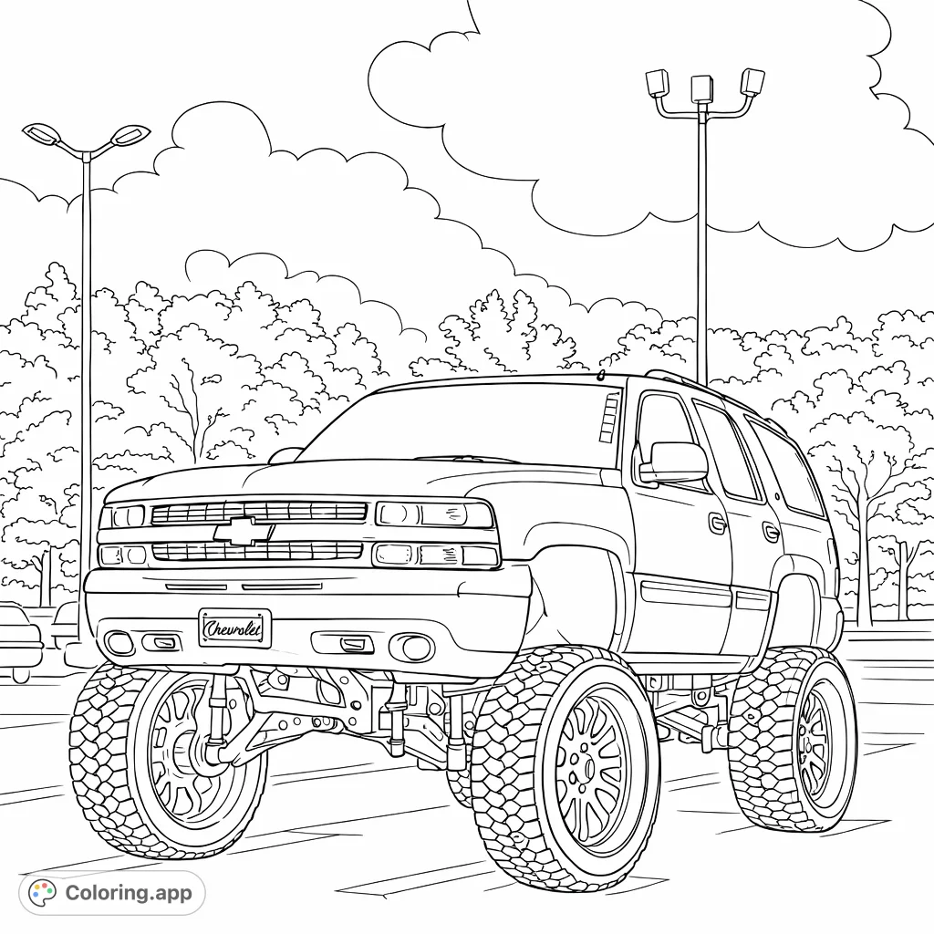 Unleash your creativity with this detailed lifted SUV coloring page, featuring large tires, a custom grille, and an adventurous spirit.