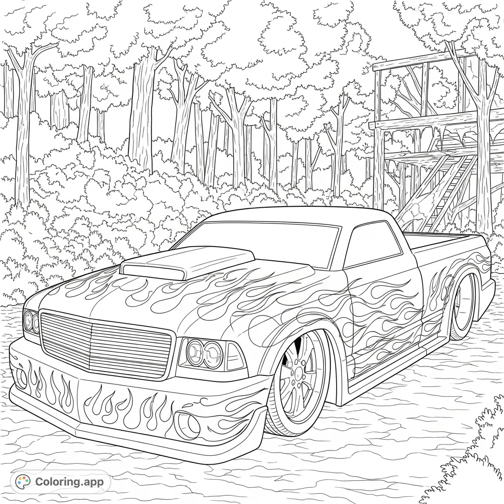 An aggressively customized pickup truck featuring intricate flame patterns, a low stance, and large multi-spoke wheels, set against a rustic background.