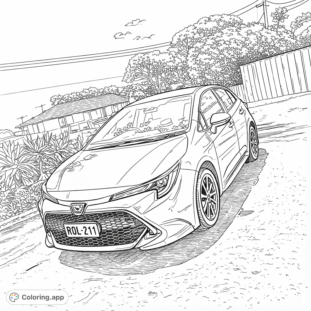 Color a modern hatchback parked in a sunny suburban driveway. Features include detailed car lines, surrounding foliage, a house, and a clear sky with clouds.