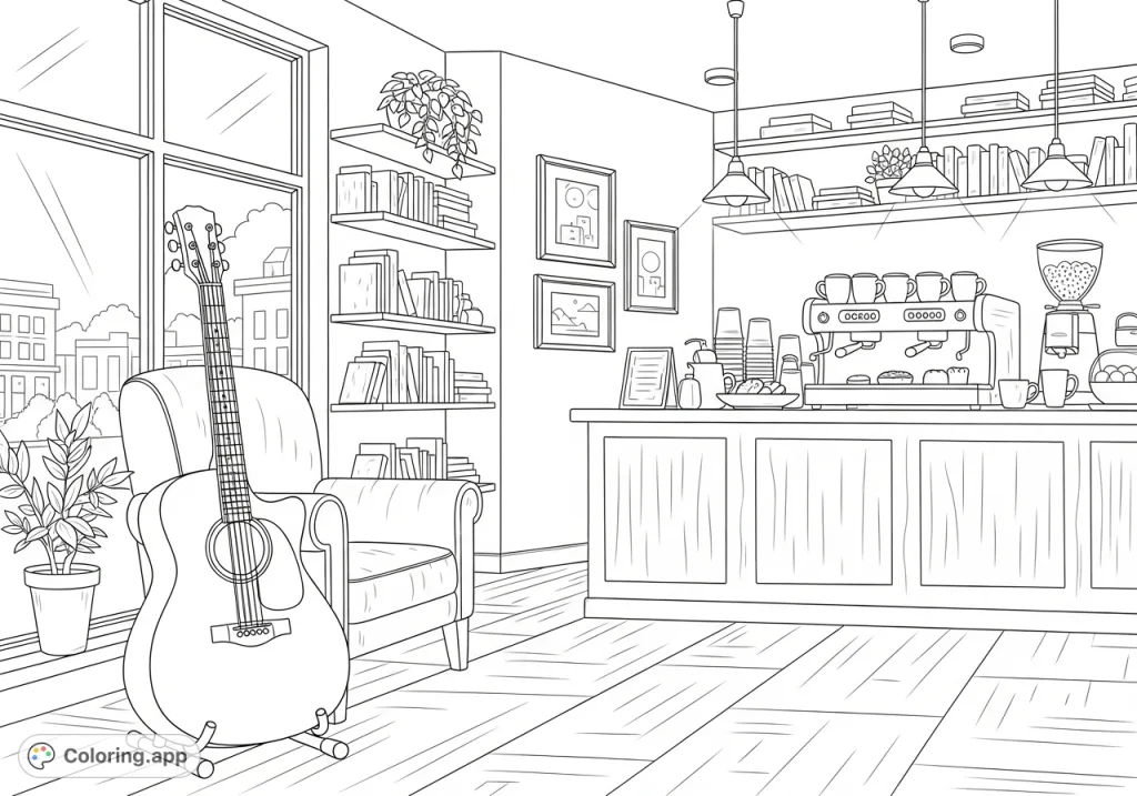 Discover a tranquil coffee shop scene, complete with an acoustic guitar resting by a window. This detailed coloring page offers relaxation and a touch of artistic inspiration for all.