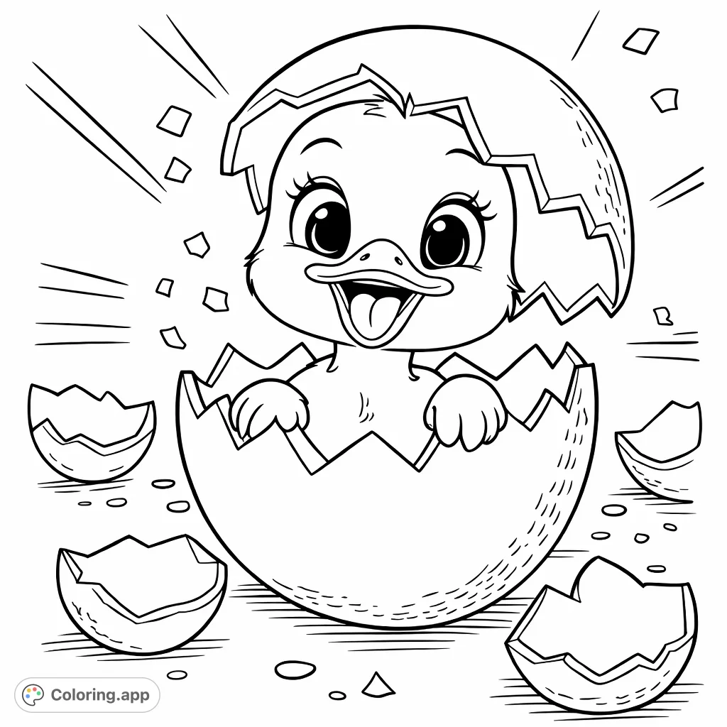 Experience the joy of new life with this adorable duckling hatching from its egg. A perfect free printable duckling coloring page for all ages.