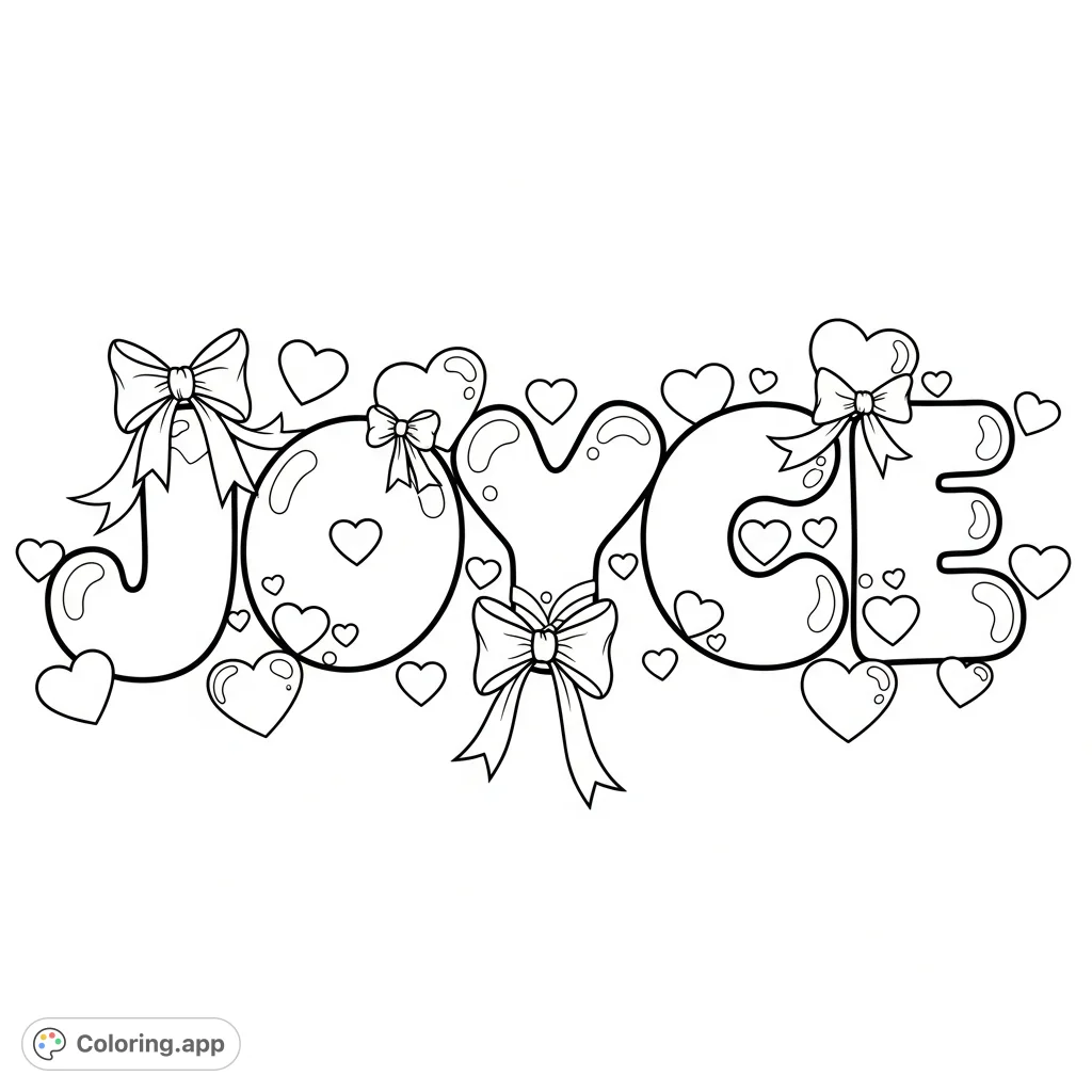 A cheerful 'Joyce' bubble letter coloring page, adorned with hearts and bows, offering ample space for creative expression and personalized artistry.