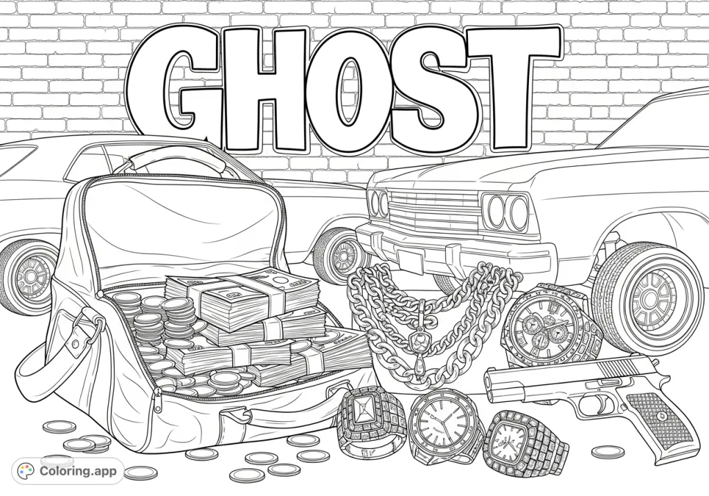 Explore a detailed urban street scene featuring stacks of cash, intricate jewelry, classic cars, and a handgun, all under the 'Ghost' tag.