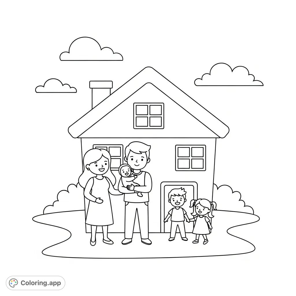 A charming family coloring page featuring a house outline with father, mother, brother, sister, and baby. Perfect for young children to enjoy.