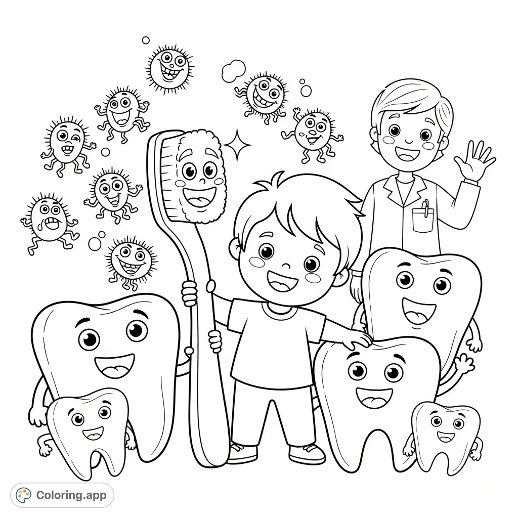 Join a happy child, a friendly toothbrush, and smiling teeth in a delightful dental adventure. Fun microbes flee a gentle dentist.