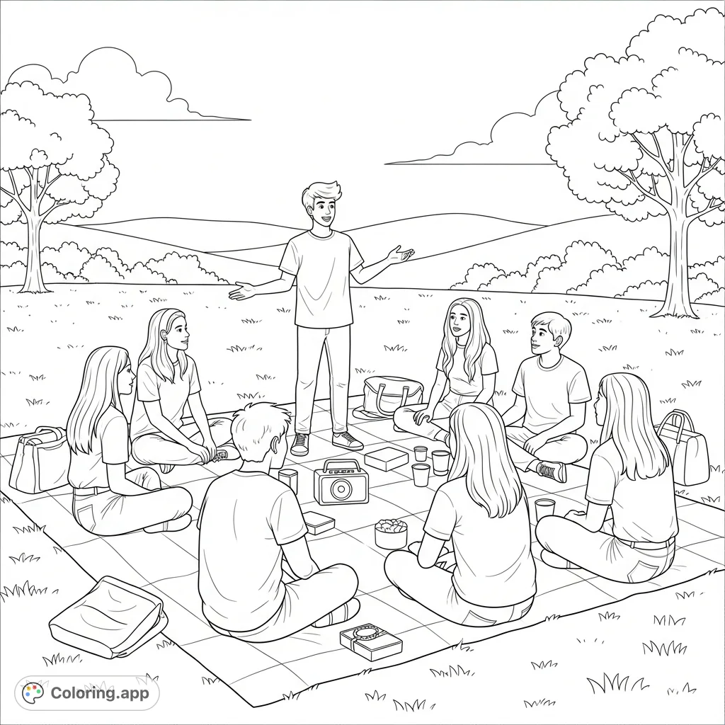 Capture the joy of friendship with this engaging coloring page featuring teenagers sharing stories on a picnic blanket in a scenic park.