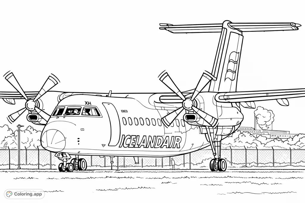 A cartoony propeller plane on a runway, ready for adventure. Explore aviation with bold outlines and moderate detail in this aircraft coloring page.
