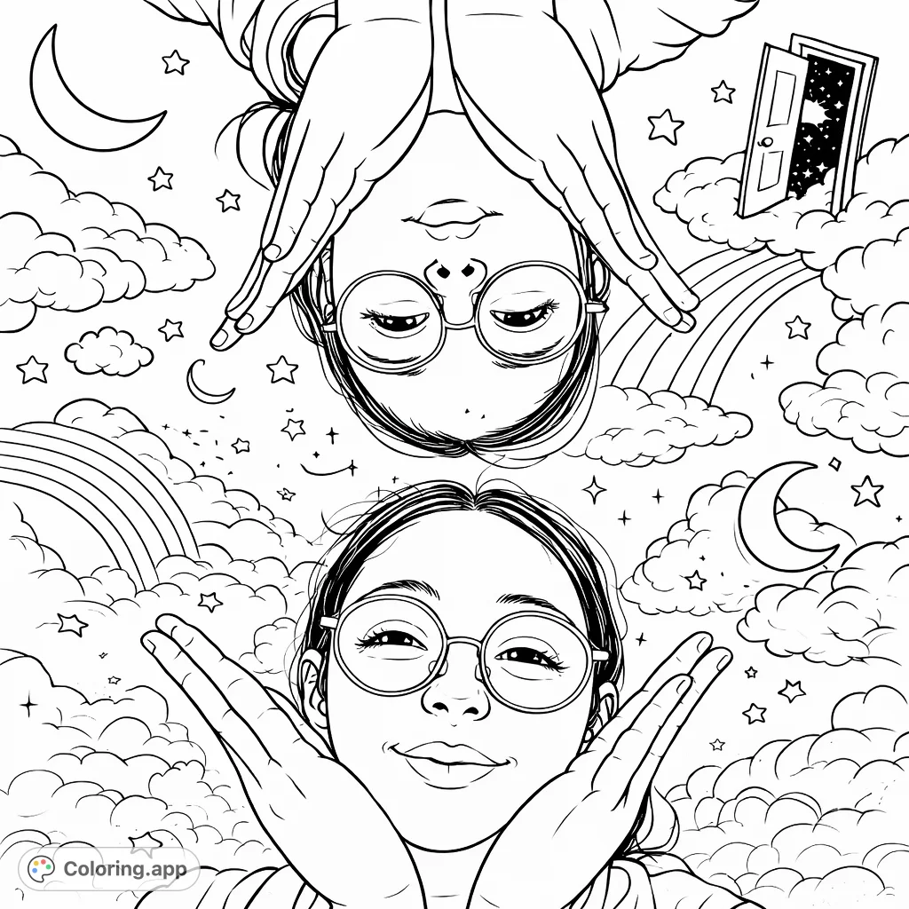 Explore an intriguing surreal portrait coloring page featuring two figures against a cloud-filled sky, offering a unique perspective for creative expression.