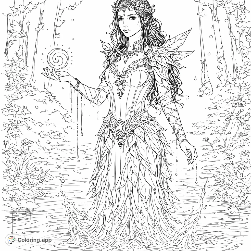 A magical forest spirit stands in water, holding a glowing orb. Her dress, adorned with leaf patterns and intricate jewelry, blends with the ethereal forest.