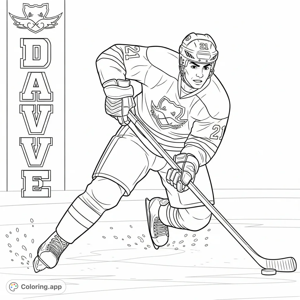 Capture the thrill of ice hockey with this dynamic coloring page featuring a player in action. Customize his uniform, helmet number '21', and the name 'DAVE'!