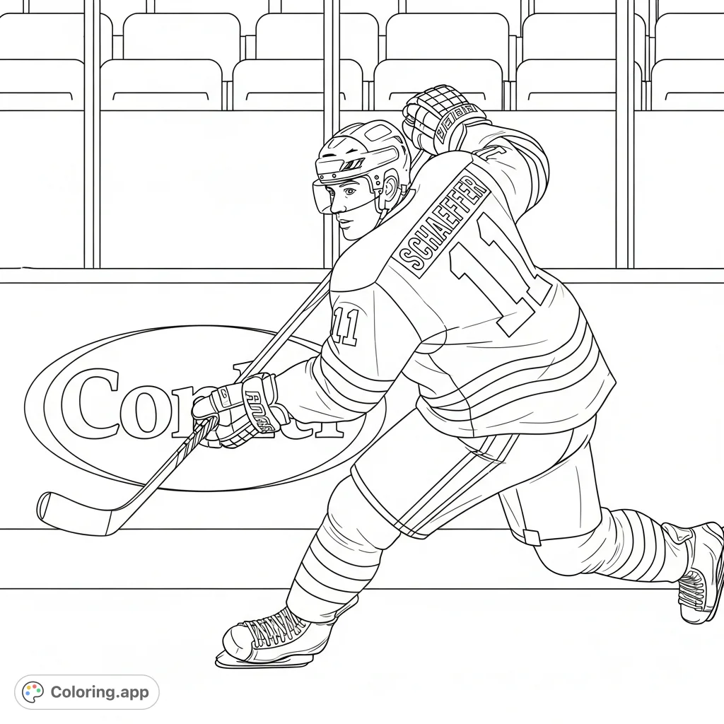 An action-packed hockey player in full uniform, featuring name 'Schaeffer' and number '11', set against arena boards and faint spectator seating.