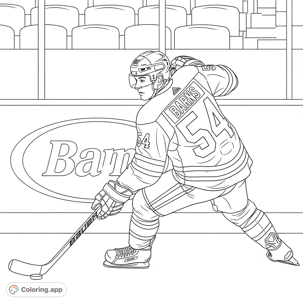 Capture the thrill of the game with this dynamic hockey player coloring page featuring 'barns' and '54', intricate uniform details, and an arena backdrop.