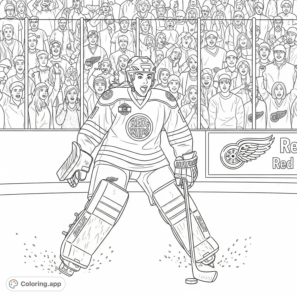 Experience the thrill of the rink with this dynamic women's hockey player coloring page. Features a player in full gear and an excited arena crowd.
