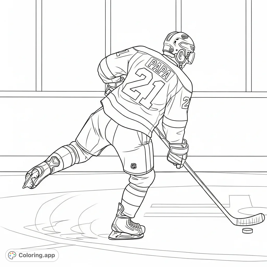 Capture the intense action of a Detroit Red Wings hockey player, PAPA #21, mid-shot on one leg. A thrilling sports coloring page for fans of all ages!