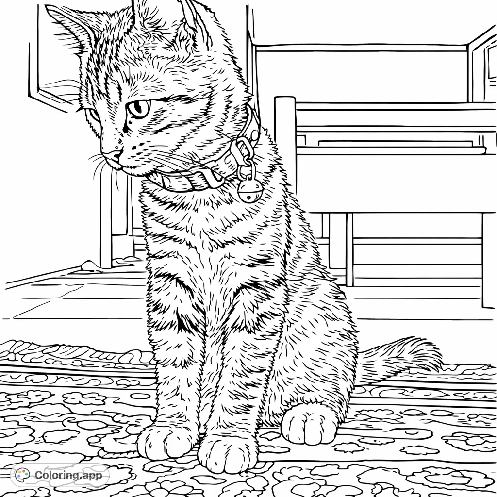 A charming striped kitten wearing a collar with a bell, sitting attentively on a patterned rug. Perfect for feline enthusiasts of all ages.