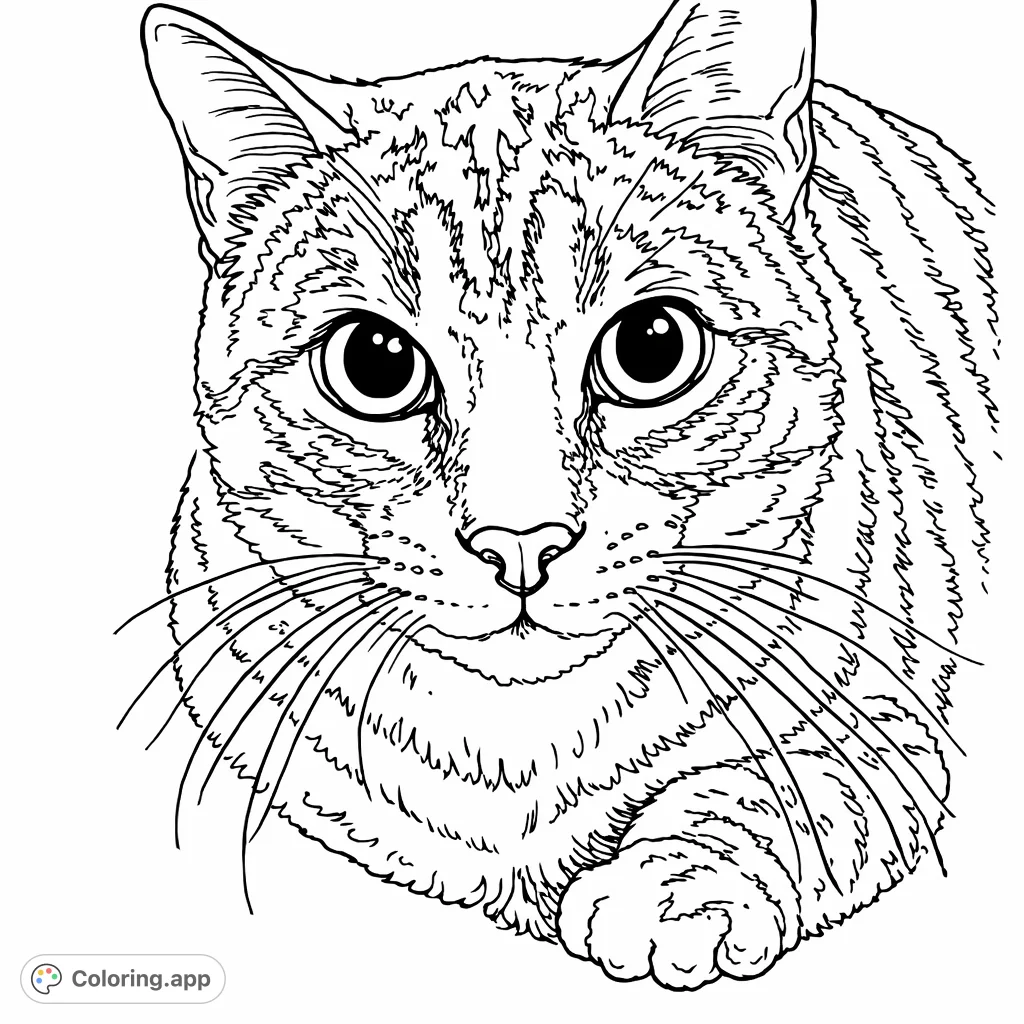 A charming tabby cat portrait, perfect for animal lovers. Features detailed fur patterns, expressive eyes, and intricate whiskers for a delightful coloring experience.