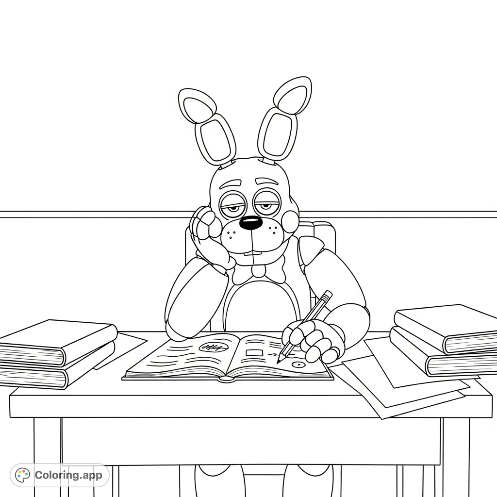 Bonnie from Five Nights at Freddy's looks utterly bored doing homework at his desk, surrounded by books and papers. A relatable and fun FNAF coloring page.