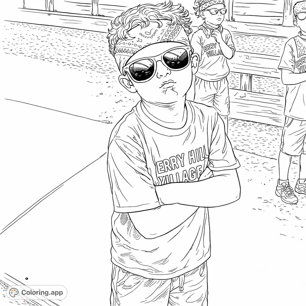 A confident child with a bandana and sunglasses, arms crossed, striking a pose. A fun and expressive scene for all ages to color.