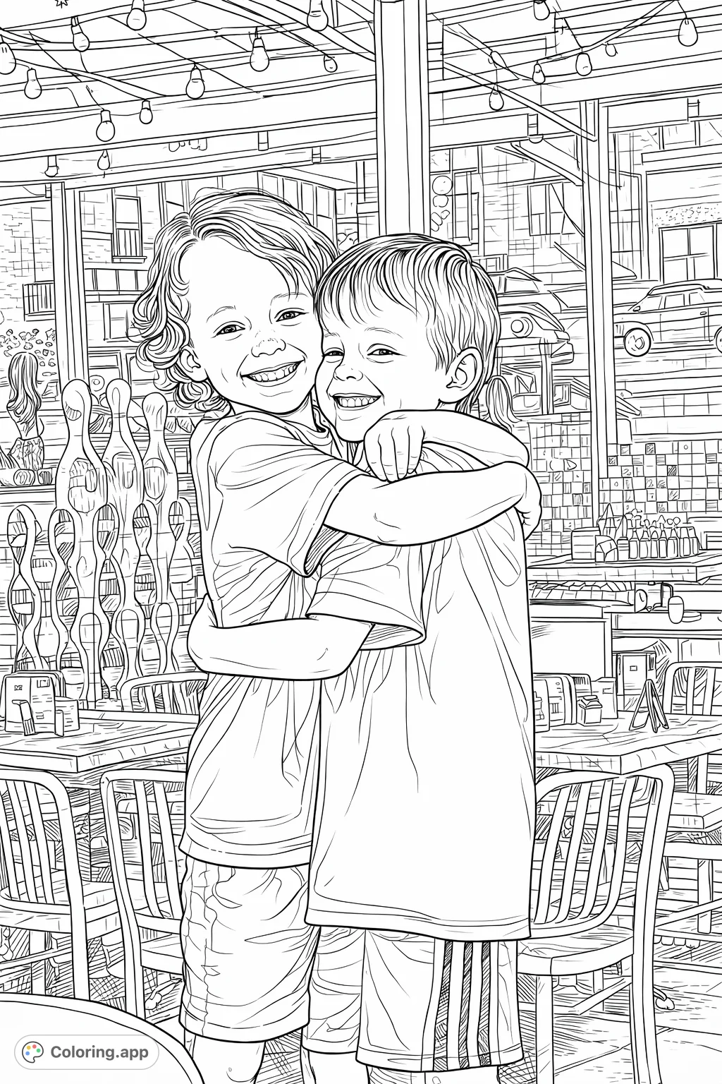A heartwarming free printable friendship coloring page featuring two smiling children in a joyful hug, set against a detailed restaurant patio background. Perfect for all ages.