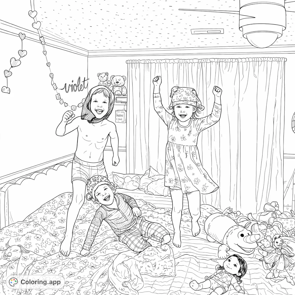 Capture the lively spirit of childhood with this detailed coloring page featuring three energetic kids playing amidst a room full of toys and cheerful decor.