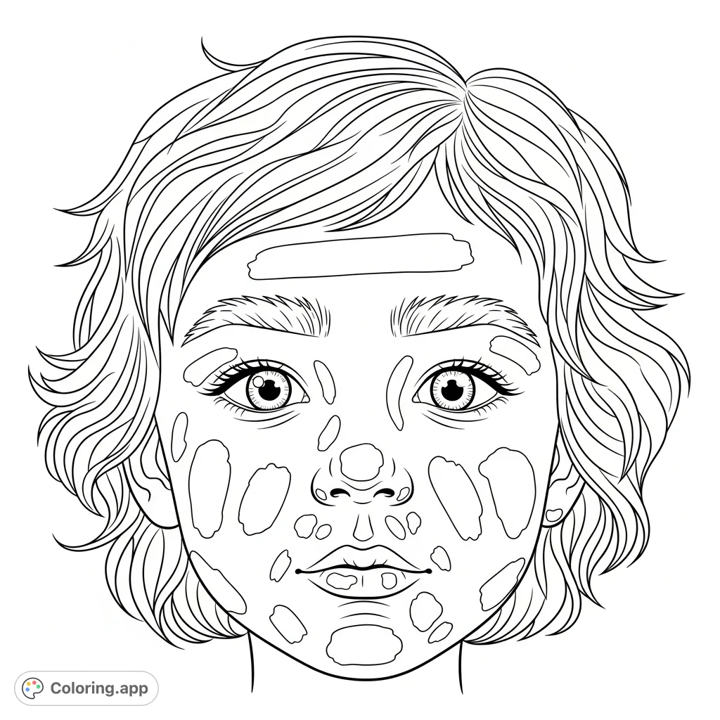 A charming close-up of a child's face with wide eyes, abundant wavy hair, exaggerated brows, and whimsical smudged markings for creative coloring.