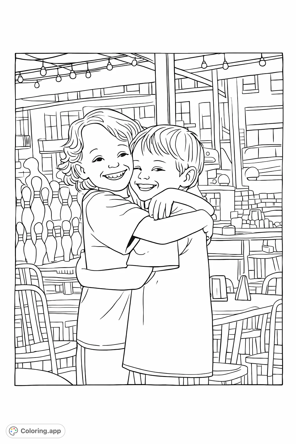 Capture a heartwarming moment of two happy children embracing in this adorable friendship coloring page. Perfect for celebrating bonds and spreading smiles!