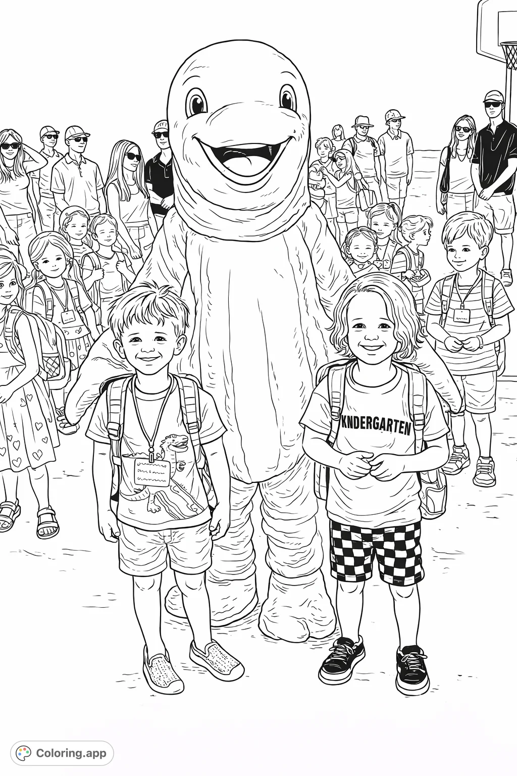 Join two happy children and a friendly school mascot on a memorable day. This charming coloring page is perfect for young artists to bring to life with vibrant shades.