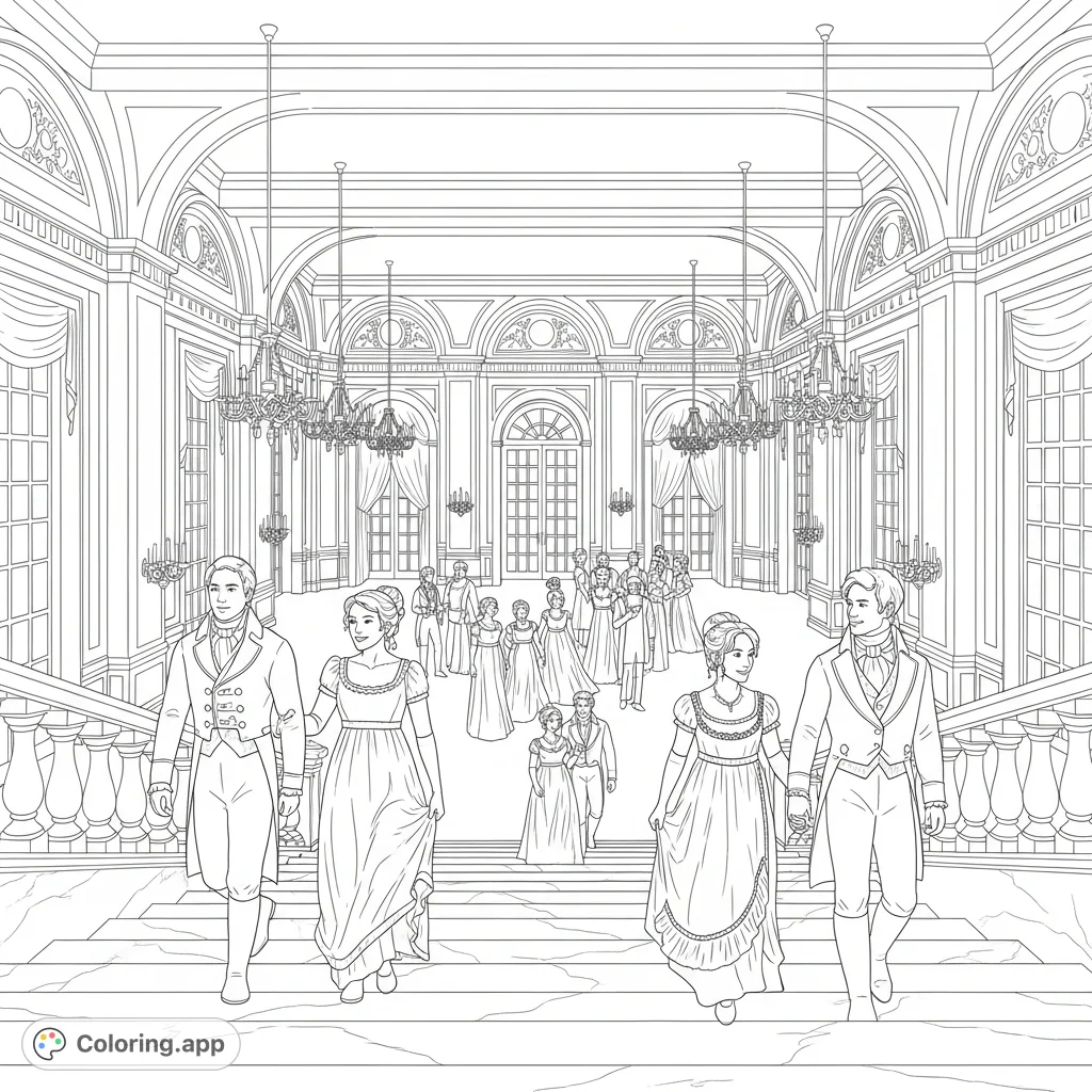 Step into a lavish Regency ballroom with Bridgerton couples on a sweeping staircase. A detailed historical scene perfect for elegant coloring.