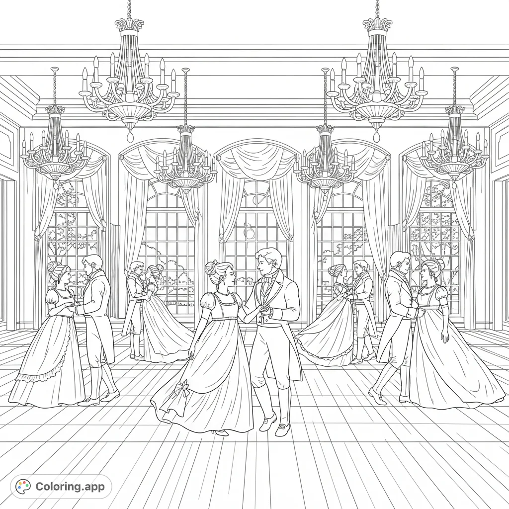 Experience a grand Regency ballroom scene with Bridgerton characters dancing a lively quadrille under sparkling chandeliers. Elegant gowns and tailcoats swirl.
