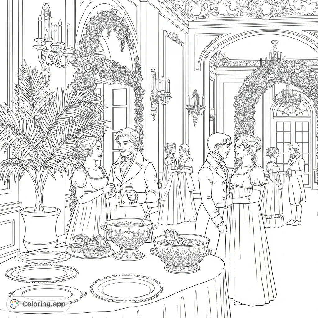 Step into a lavish Regency ballroom with beloved Bridgerton couples. A detailed scene of elegant gatherings, grand architecture, and romantic encounters.