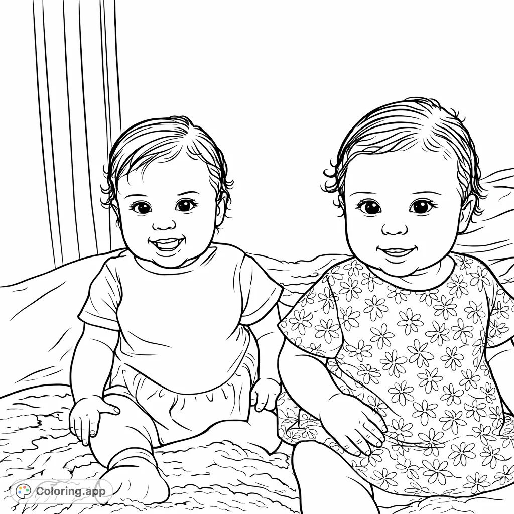 A delightful coloring page featuring two smiling babies seated on a cozy blanket, perfect for capturing heartwarming moments.