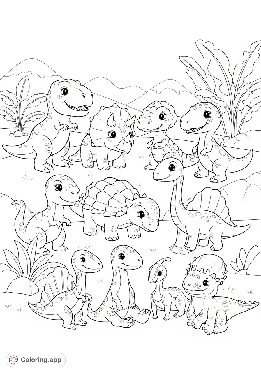 A super cute collection of kawaii dinosaurs, including T-Rex, Triceratops, and more, waiting to be brought to life with vibrant colors. Perfect for little paleontologists!