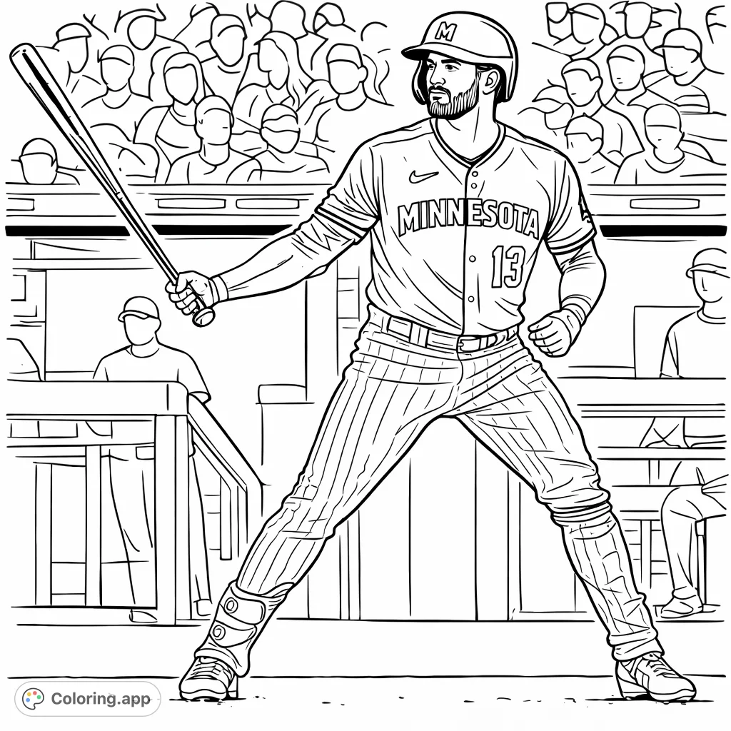 A detailed baseball player stands ready at bat in a stadium, featuring uniform specifics and crowd elements for an engaging sports coloring experience.