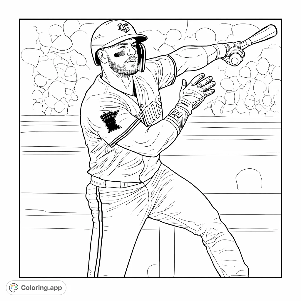 A powerful baseball player captured mid-swing in a detailed uniform. This dynamic baseball coloring page features a focused athlete ready to hit, perfect for sports fans.