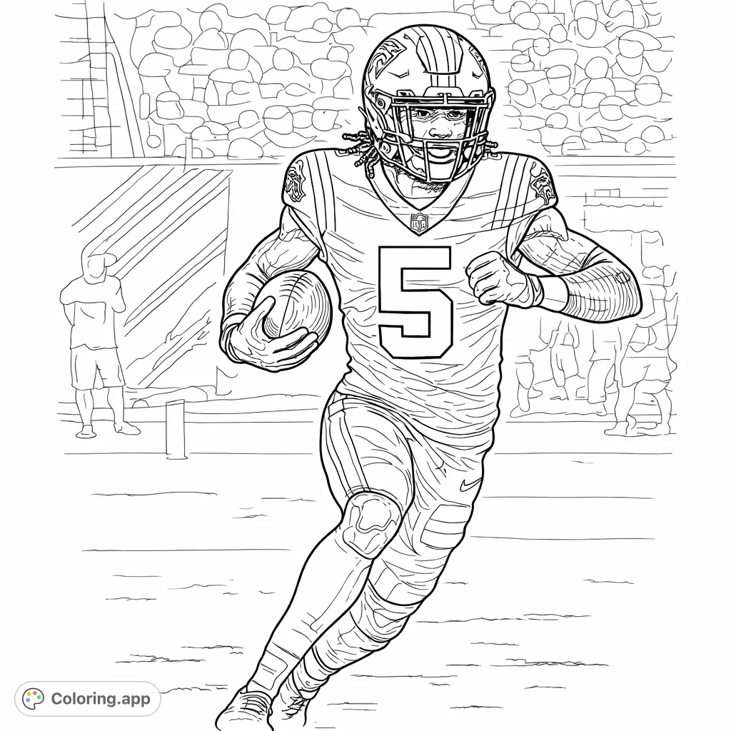 Capture the thrill of the game with this dynamic football player coloring page, featuring a detailed uniform and equipment.