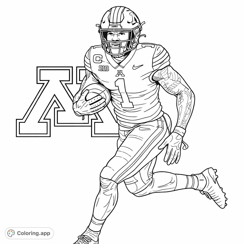 A thrilling football player coloring page capturing an athlete mid-run, helmeted and holding the ball. Perfect for sports fans to customize!